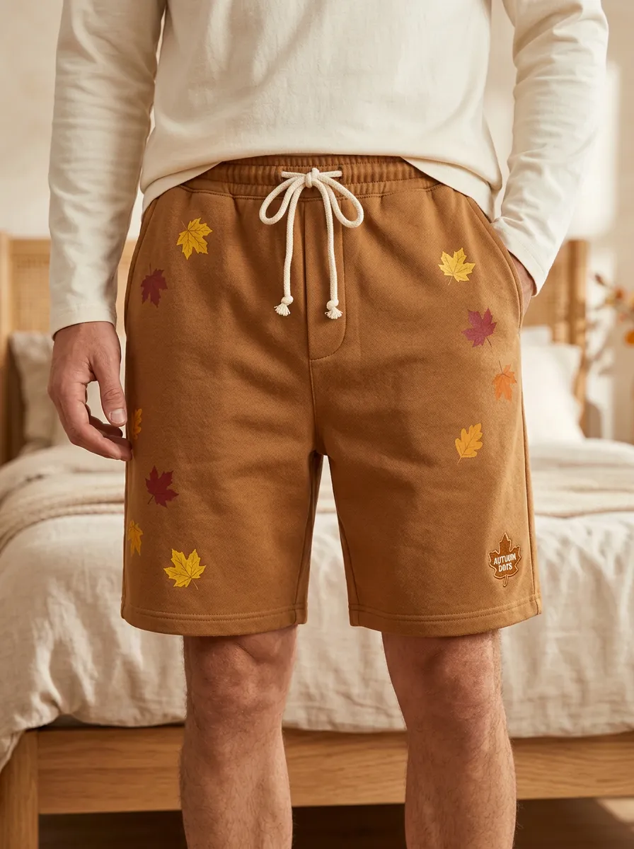 Tan Leaf-print Drawstring Lounge Shorts