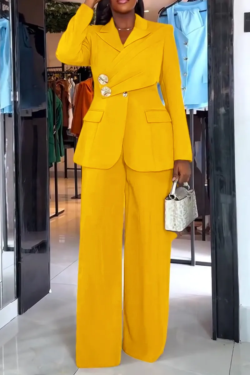 Women Collar Splicing Jacket+ Wide Leg Pants Temperament Commuting Formal Suit