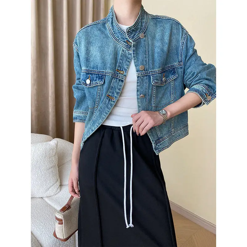 Stand-Collar Denim Casual Outerwear Jacket