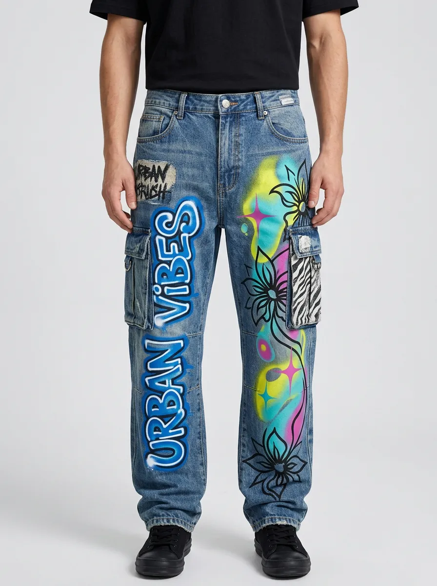 Men's Streetwear Urban Vibes Graffiti Floral Graphic Cargo Jeans
