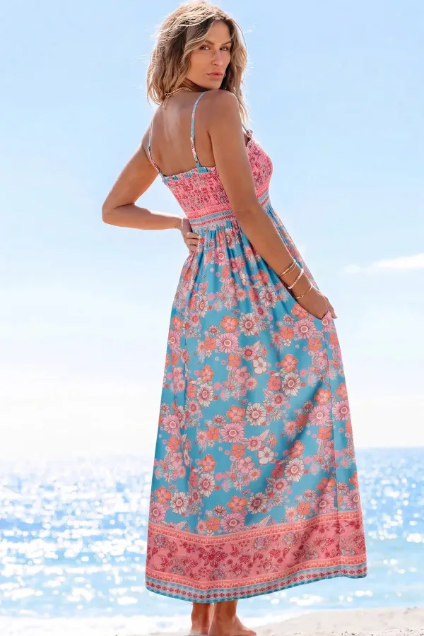 Blue Printed Strappy Maxi Dress