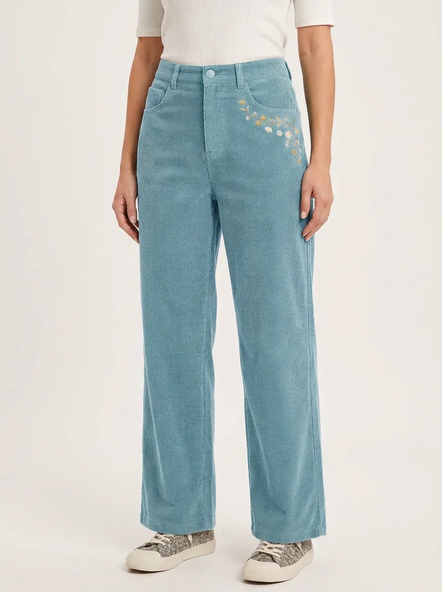 Women's Floral Embroidered High-Rise Straight-Leg Corduroy Pants
