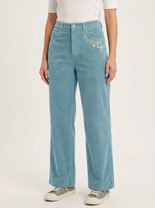 Women's Floral Embroidered High-Rise Straight-Leg Corduroy Pants
