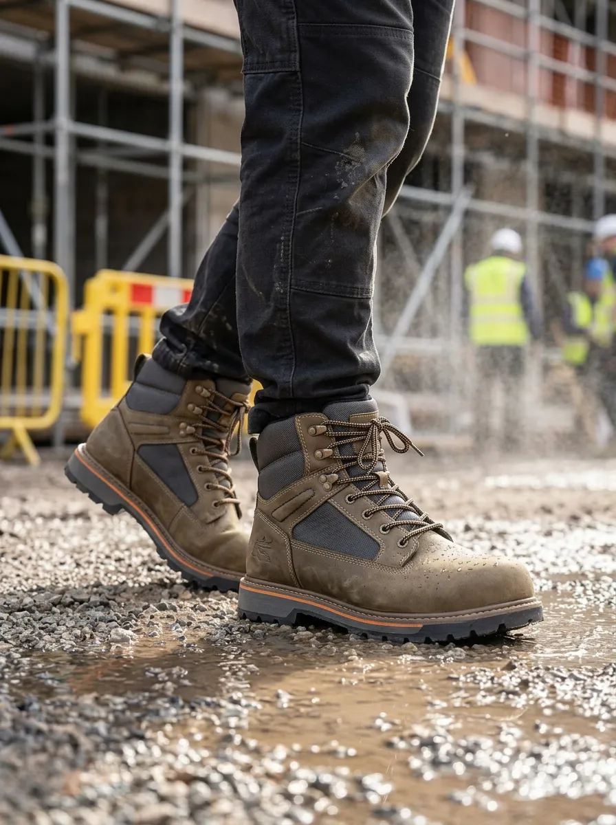 Men's Waterproof Construction Brown Leather Printed Work Boots