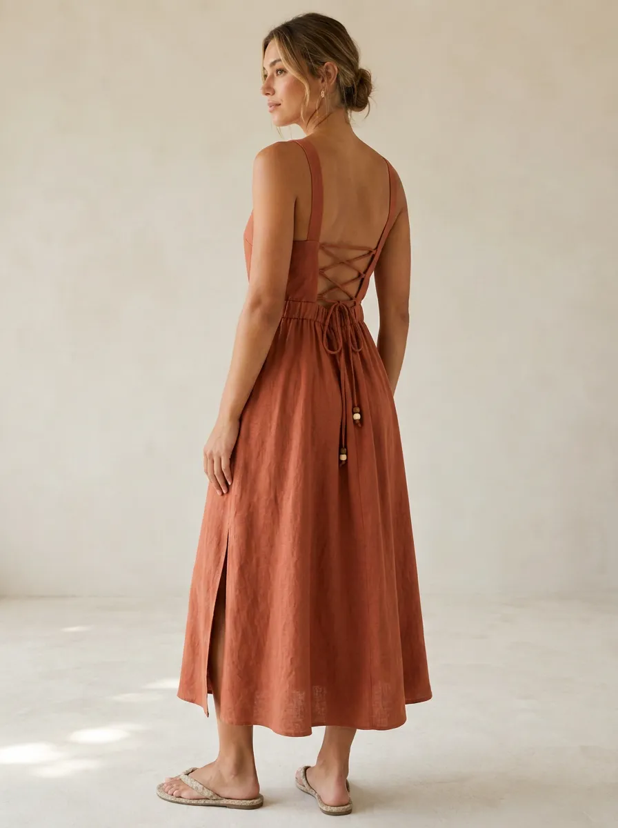 Women's Casual Lace-Up Linen Midi Backless Dress