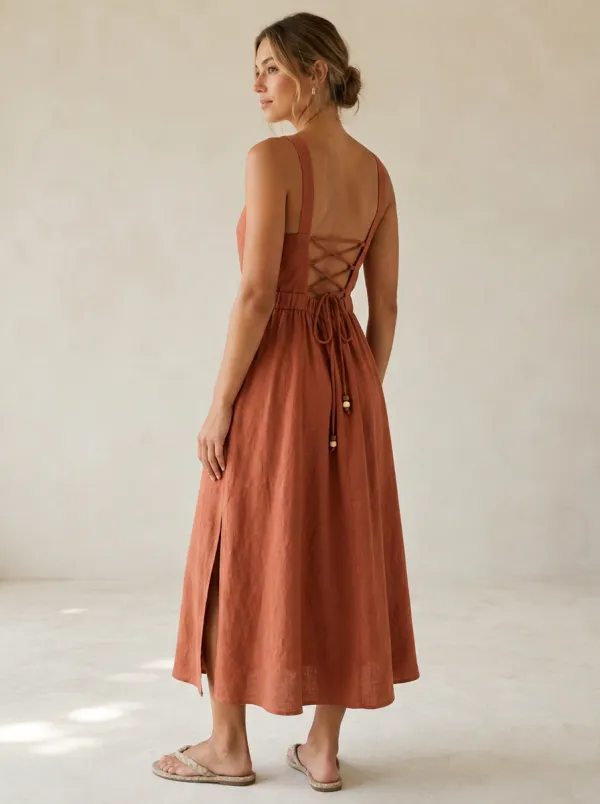 Women's Casual Lace-Up Linen Midi Backless Dress