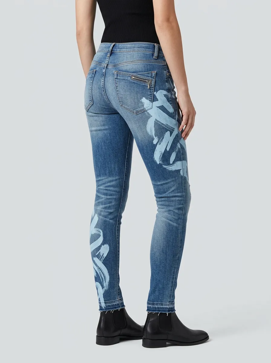 Women's Artistic Style Blue Brushstroke Printed Slim Jeans