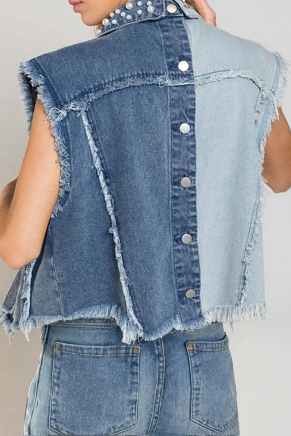 Pearl Raw-hem Sleeveless Denim Jacket