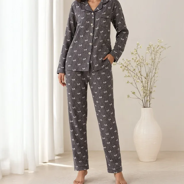 Bow and Polka Dot Textured Cotton Pajama Set