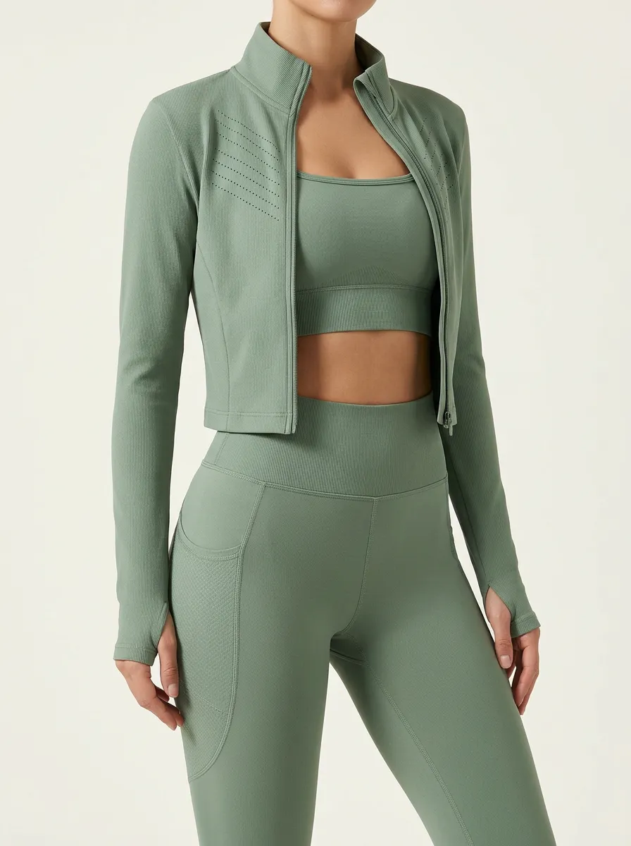 Training Ribbed Texture Seamless Design Shape Women's Three Piece Activewear Set