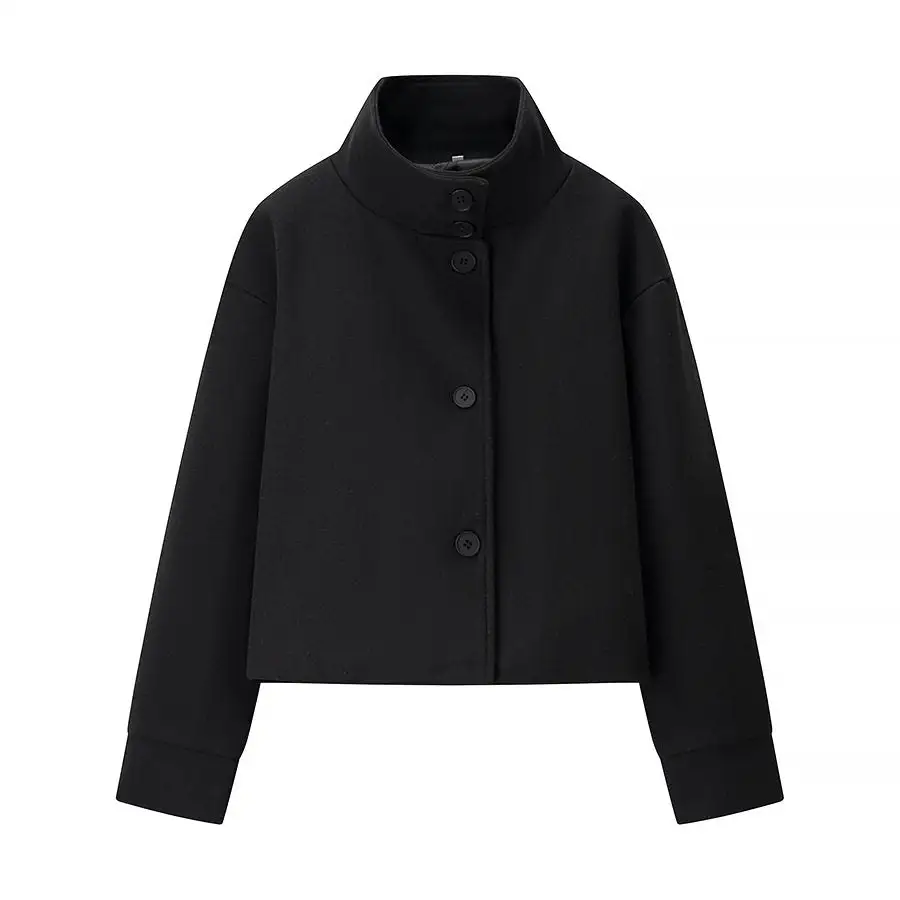 Stand-Collar Button-Front Wool-Blend Relaxed Outerwear Coat