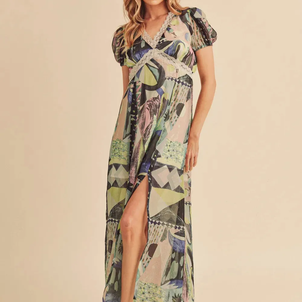 Lace Detail Slit Geometric Print Short Sleeve Maxi Dress
