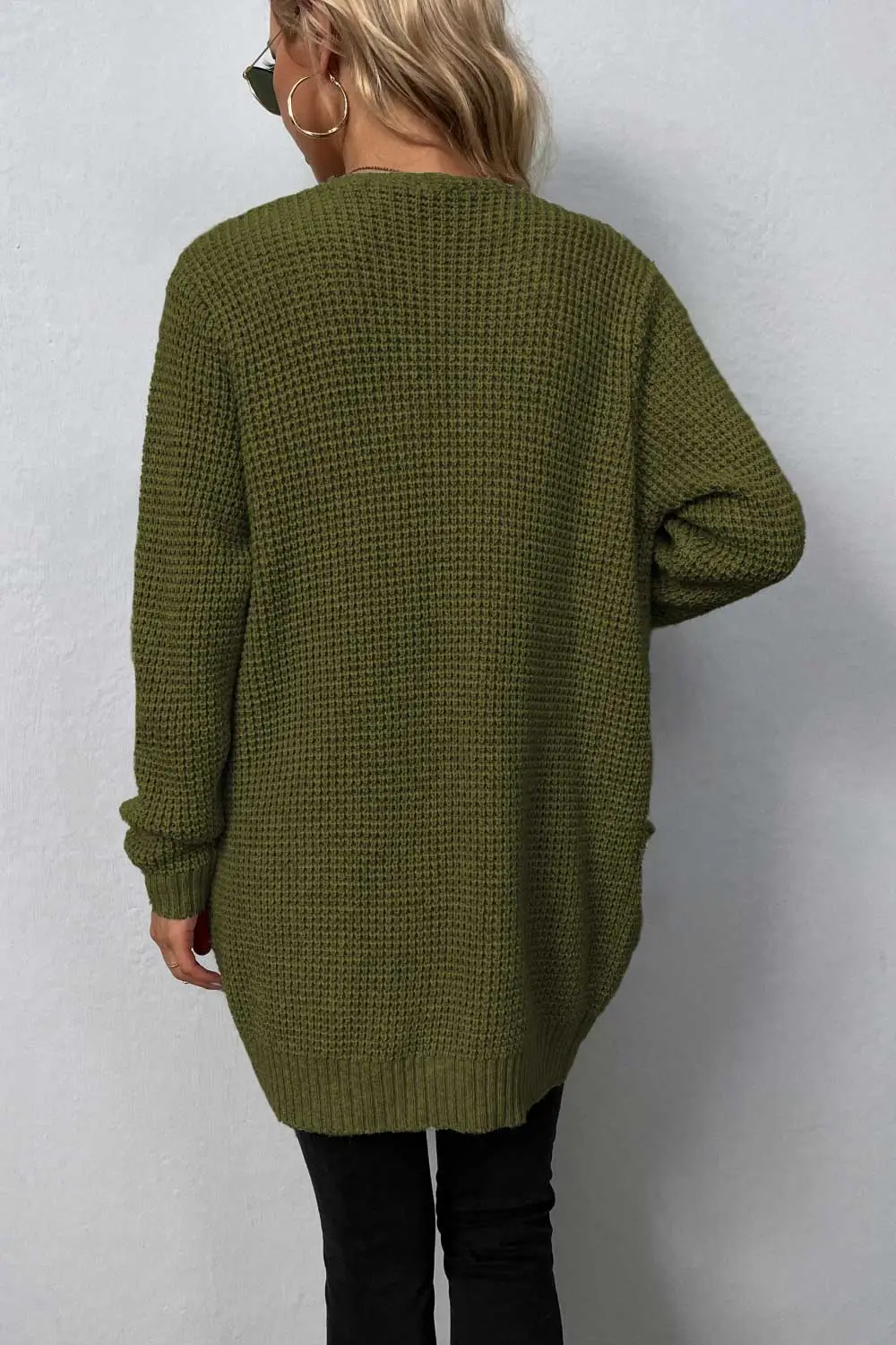 Rib-Knit Open-Front Pocketed Cardigan
