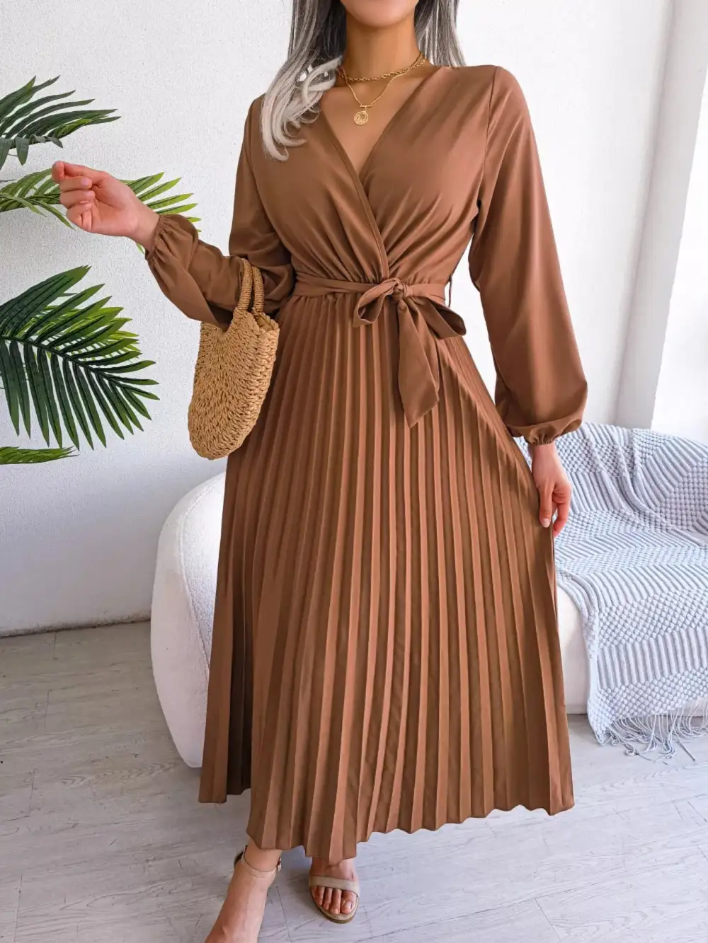Pleated Long Sleeve Dress Casual