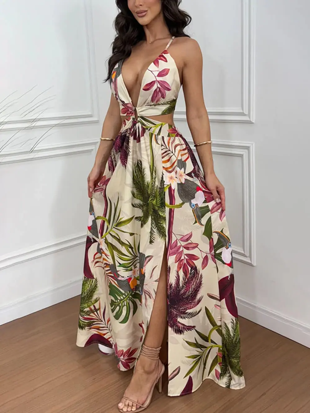 Bohemian Backless Print Slit Maxi Dress