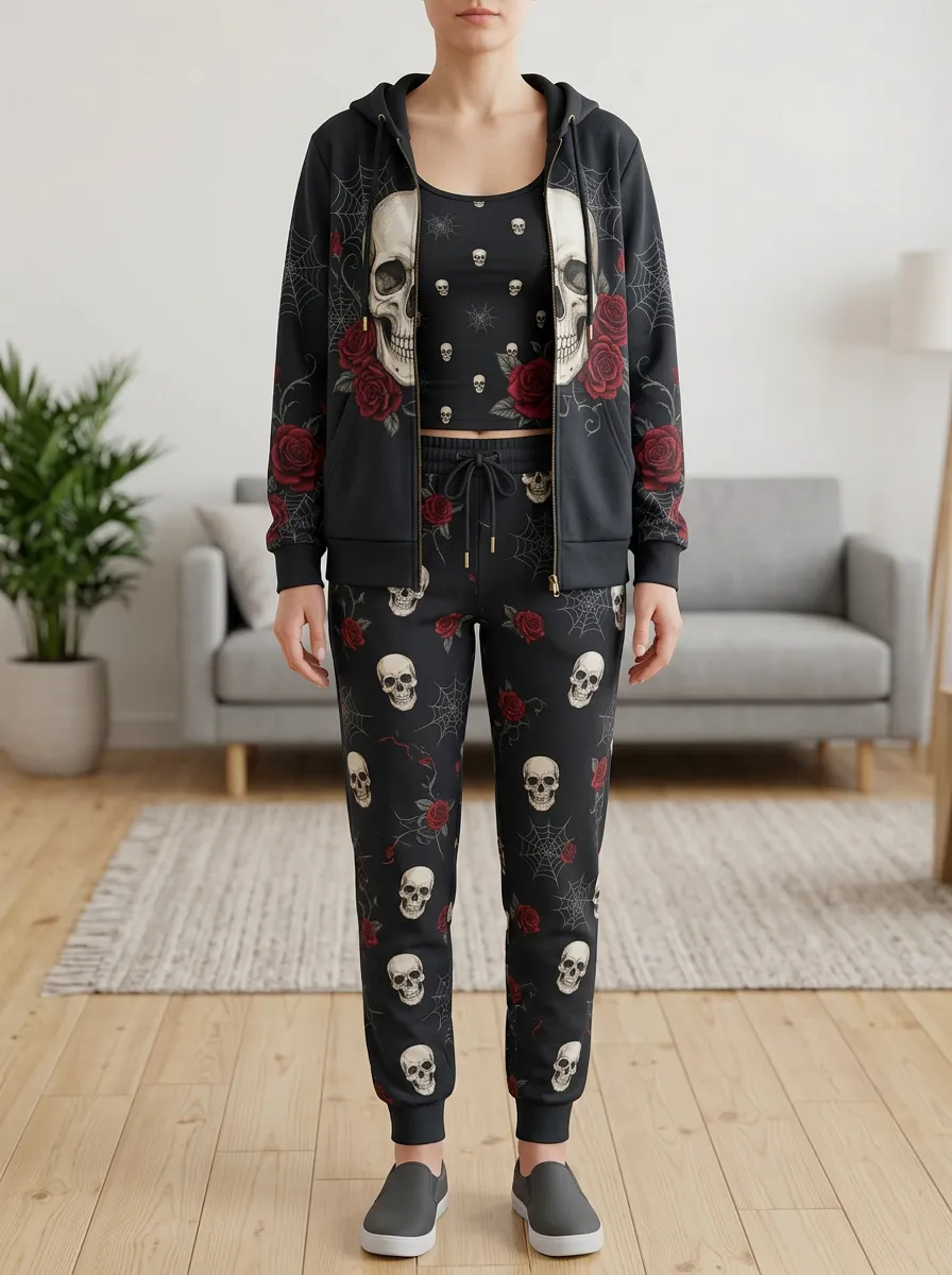 Women's Halloween Gothic Skull Rose Spiderweb Printed Tracksuit