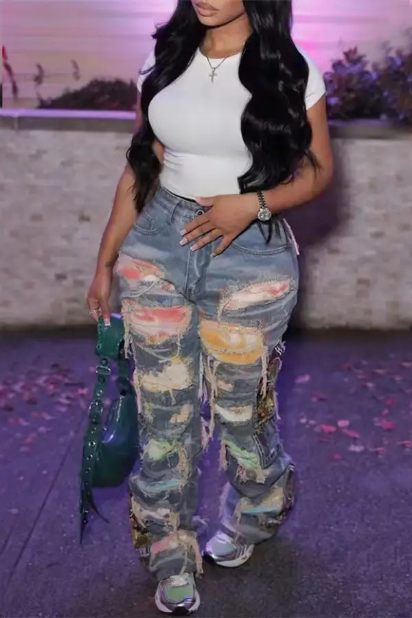 Multicolor Washed Ripped Tie Dye Patchwork Jeans