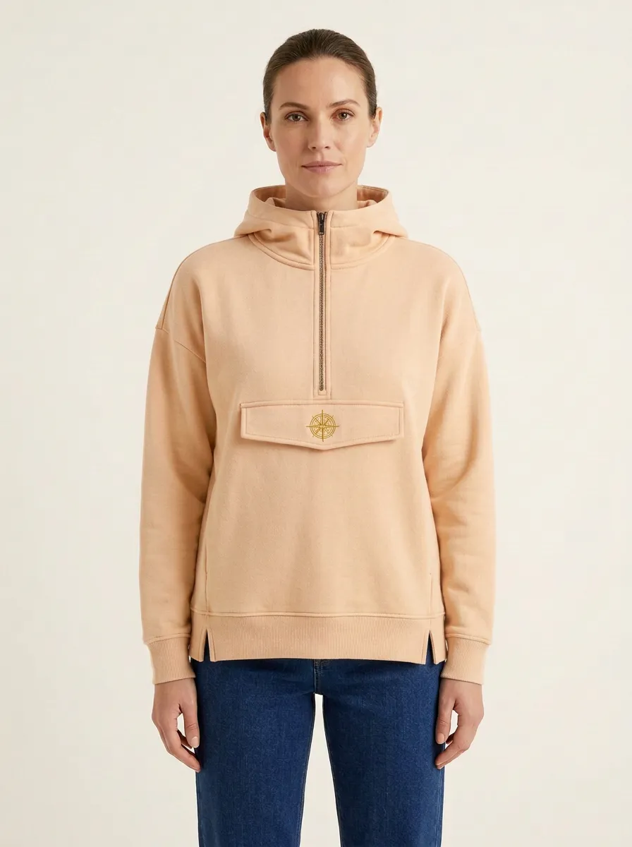 Women's Compass-Embroidered Half-Zip Flap-Pocket Hoodie