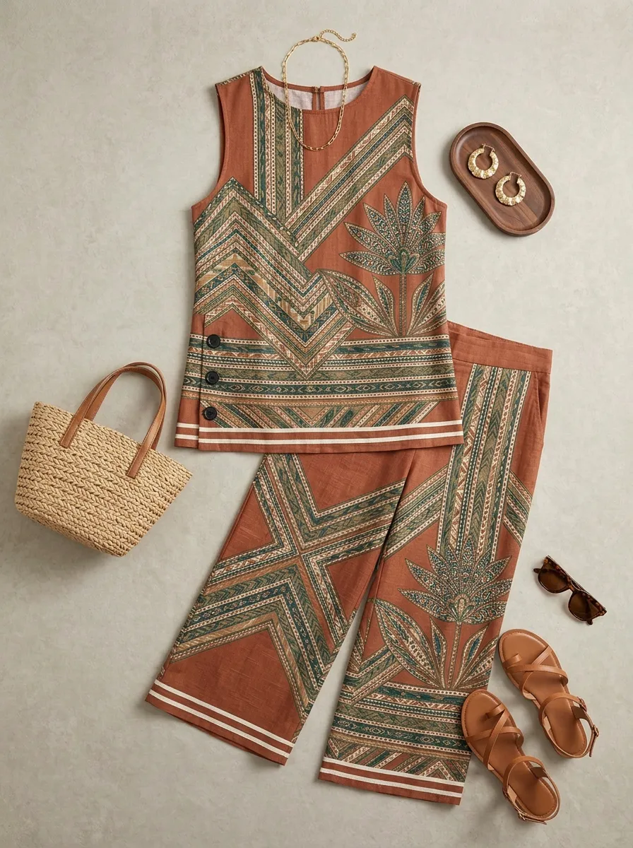 Women's Bohemian Geometric Floral Printed Sleeveless Set