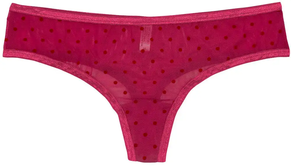 Satin-Trim Mesh Polka-Dot Thong Panty