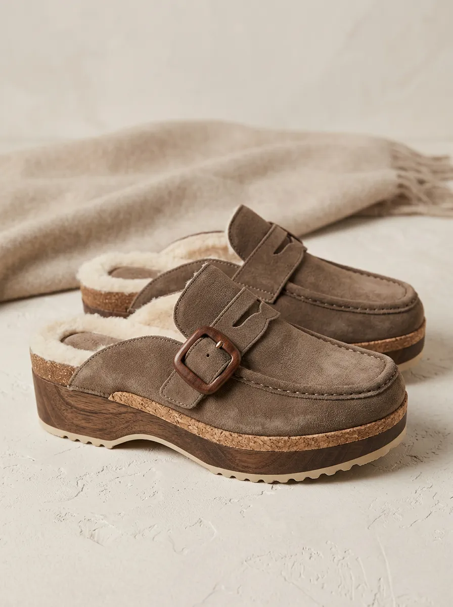 Women's Classic Faux Fur Lined Buckle Detail Clog Style Winter Suede Wood Sole Loafers