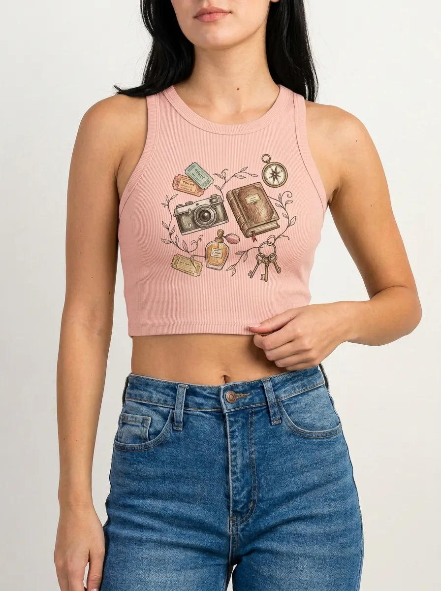 Women's Travel Camera Journal Compass Graphic Ribbed Crop Tank Top