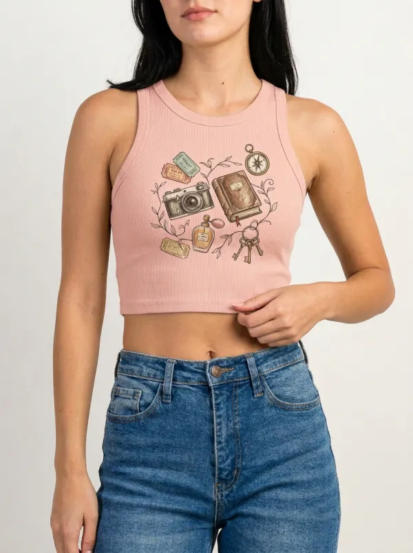 Women's Travel Camera Journal Compass Graphic Ribbed Crop Tank Top