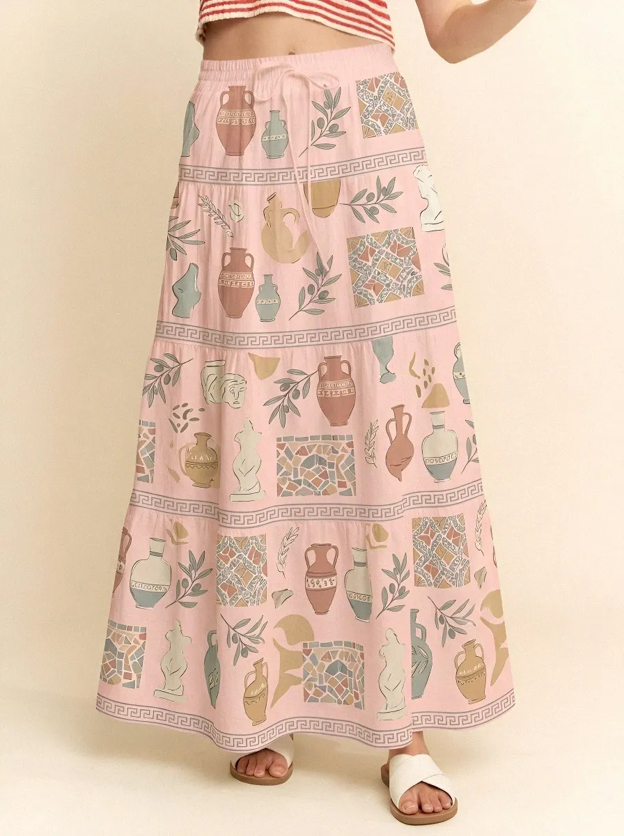 Women's Greek Art Lover Ancient Vase Mosaic Printed Maxi Skirt