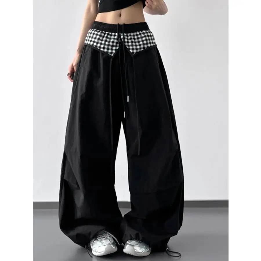 Wide Leg Pants with Checkered Detail