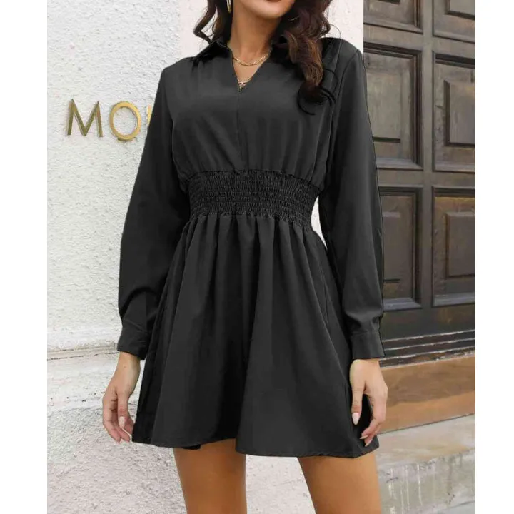Johnny Collar Smocked Waist Long Sleeve Mini Dress