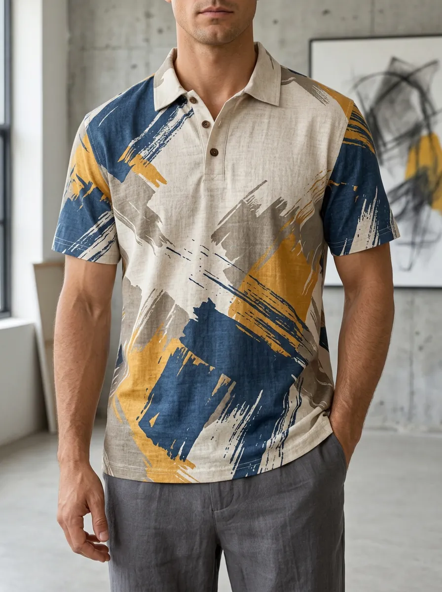 Men's Abstract Art Brushstroke Printed Polo Shirt Modern Casual Style
