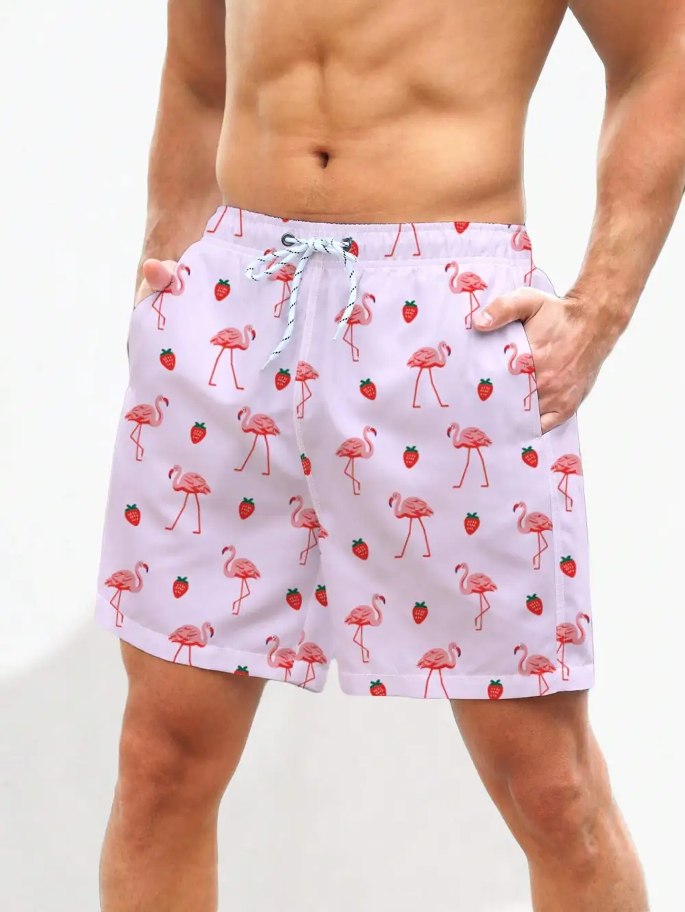 Men's Boho Flamingo Drawstring Allover Print Beach Shorts
