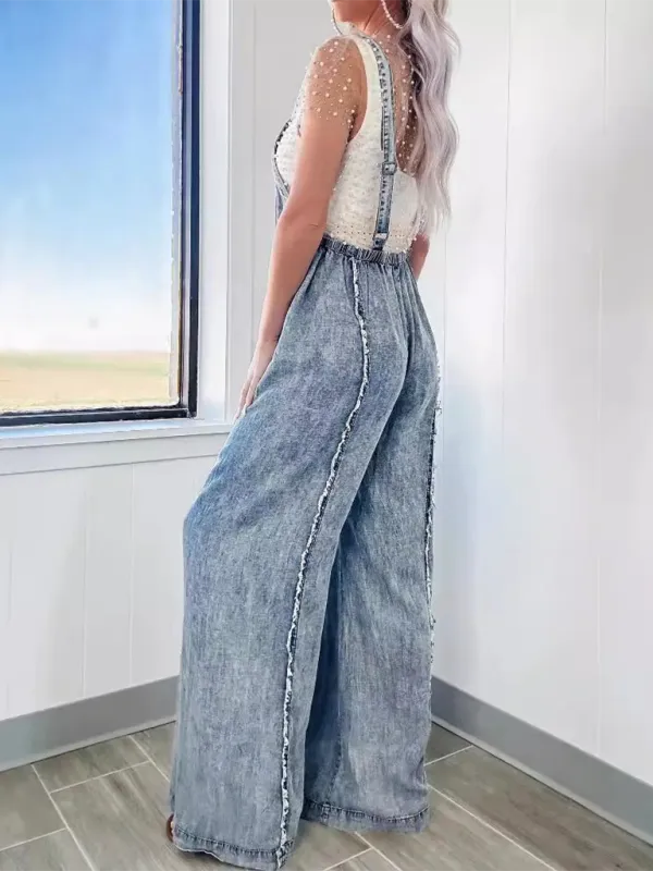 Vintage Washed Raw Edge Wide Leg Jumpsuit