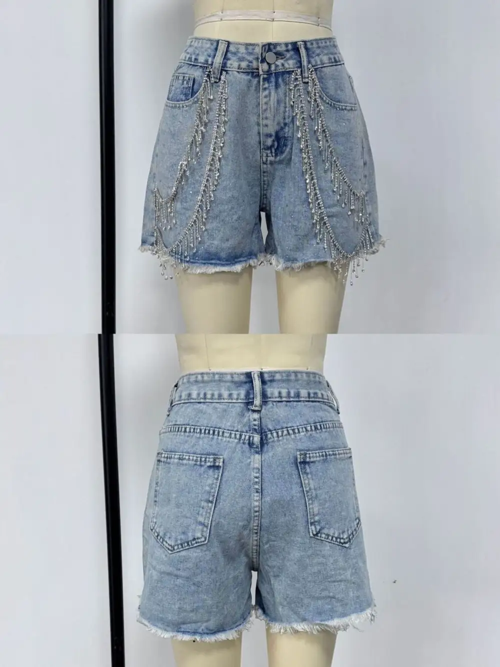 Rhinestone Chain Raw Hem Denim Shorts