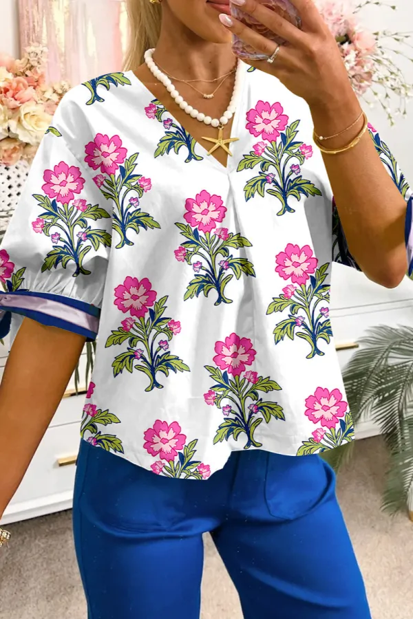 Striped Floral Tie Detail Blouse