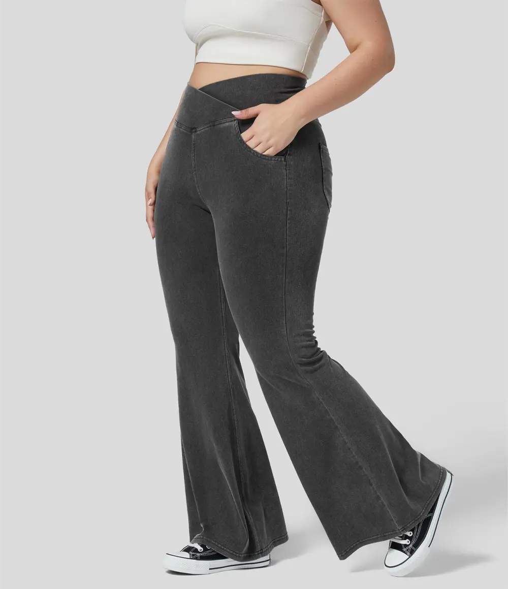 Magic High Waisted Crossover Pocket Cool Touch Breathable Washed Stretchy Knit Plus Size Casual Super Flare Jeans