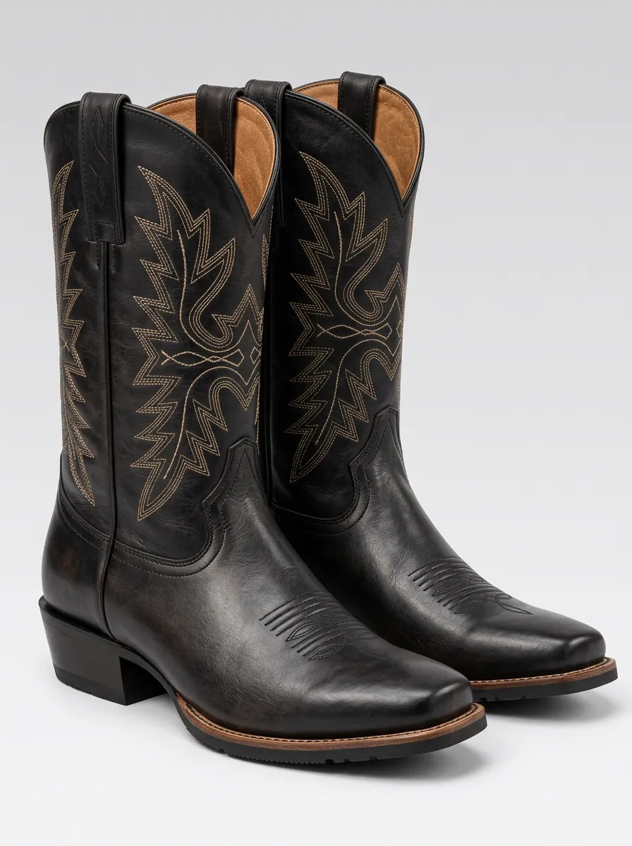 Men's Black Leather Western Boots with Embroidered Detail
