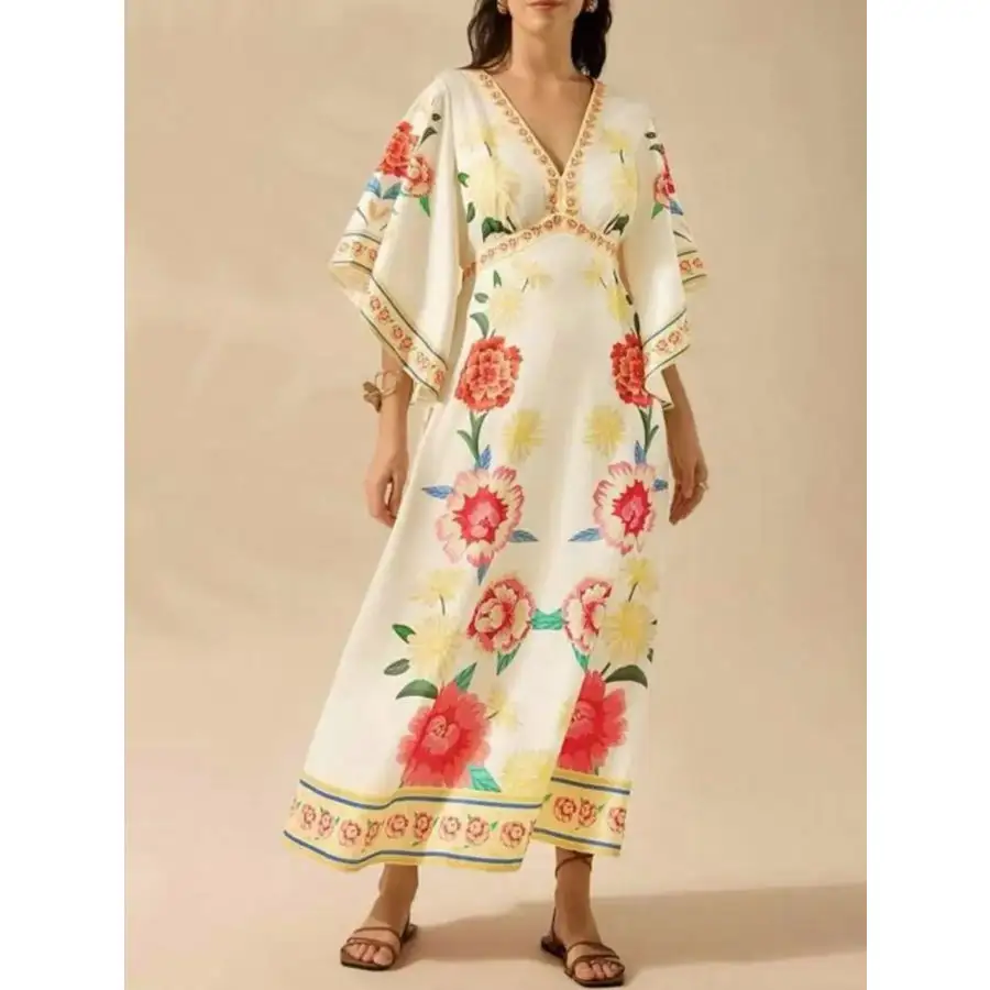 Palm Print V-neck Midi Dress