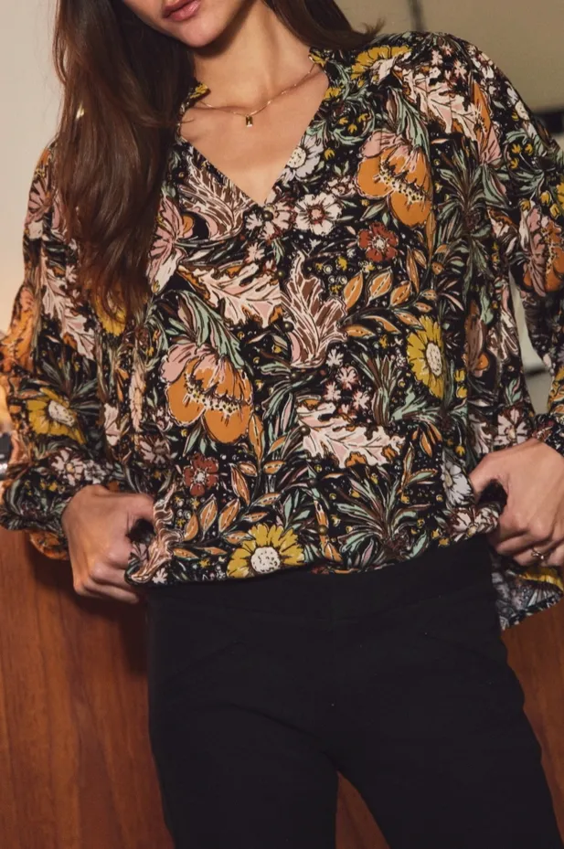 Black Floral Long Sleeve V-Neck Blouse