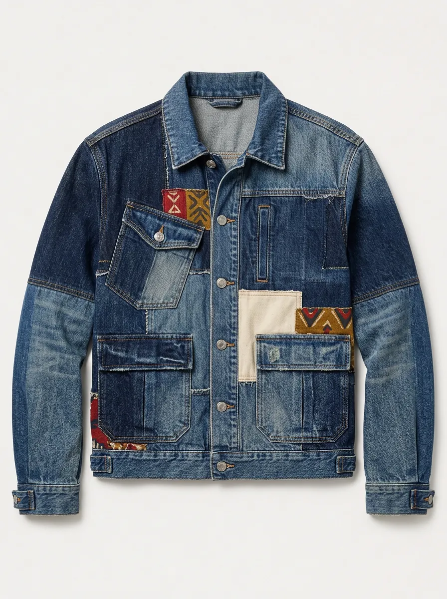 Men's Vintage Style Tribal Patchwork Printed Denim Jacket