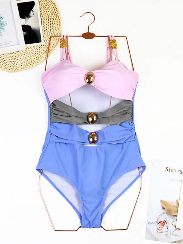 Blocked Pattern Wrap Skirt Swim Dress