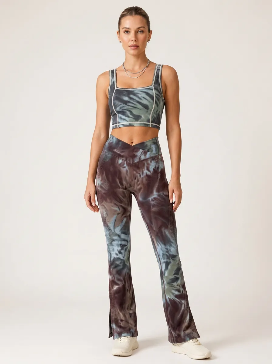 Women's Yoga Fitness Tie-Dye Printed Crop Top and Flare Leggings Set