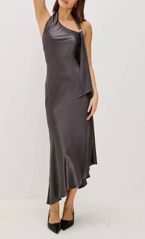 Charcoal Satin Halter Neck Maxi Dress