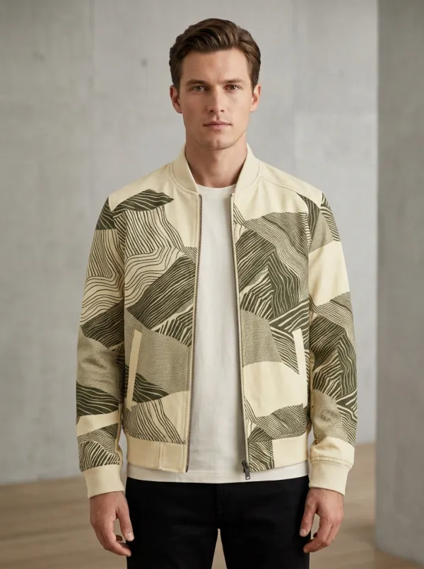 Geometric Print Baseball Collar Ribbed Trim Bomber Jacket