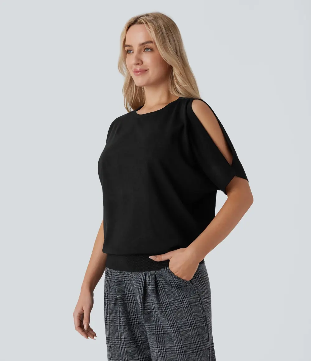 Round Neck Cold Shoulder Short Sleeve Work Sweater