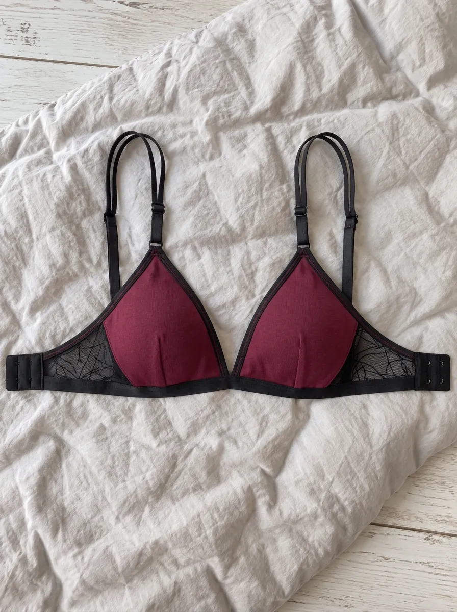 Women's Burgundy Lace Trimmed Mesh Printed Bralette