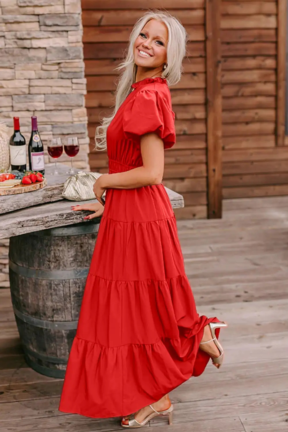 Clean Line V Neck Tiered Puff Sleeve Maxi Dress