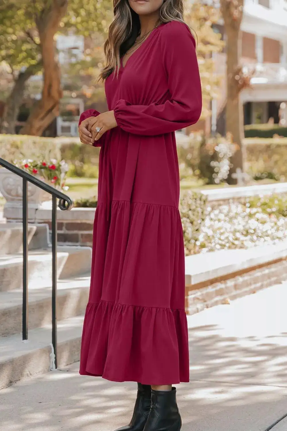 Animal Print Split Neck Puff Sleeve Maxi Dress