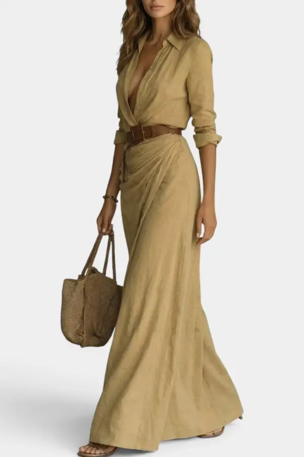 Shirt-Style V-Neck Maxi Dress