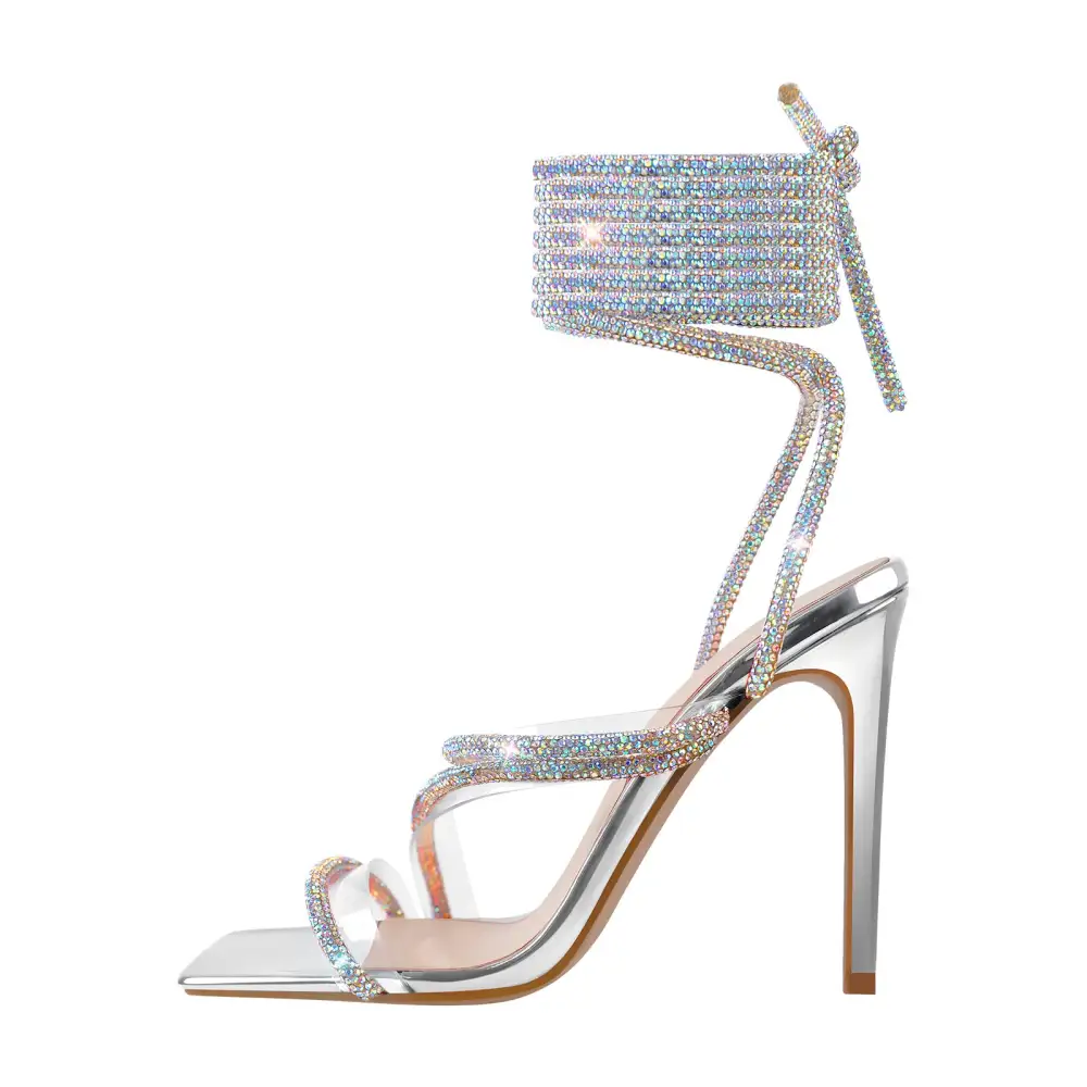 Rhinestone Strap Lace Up High Heel Sandals